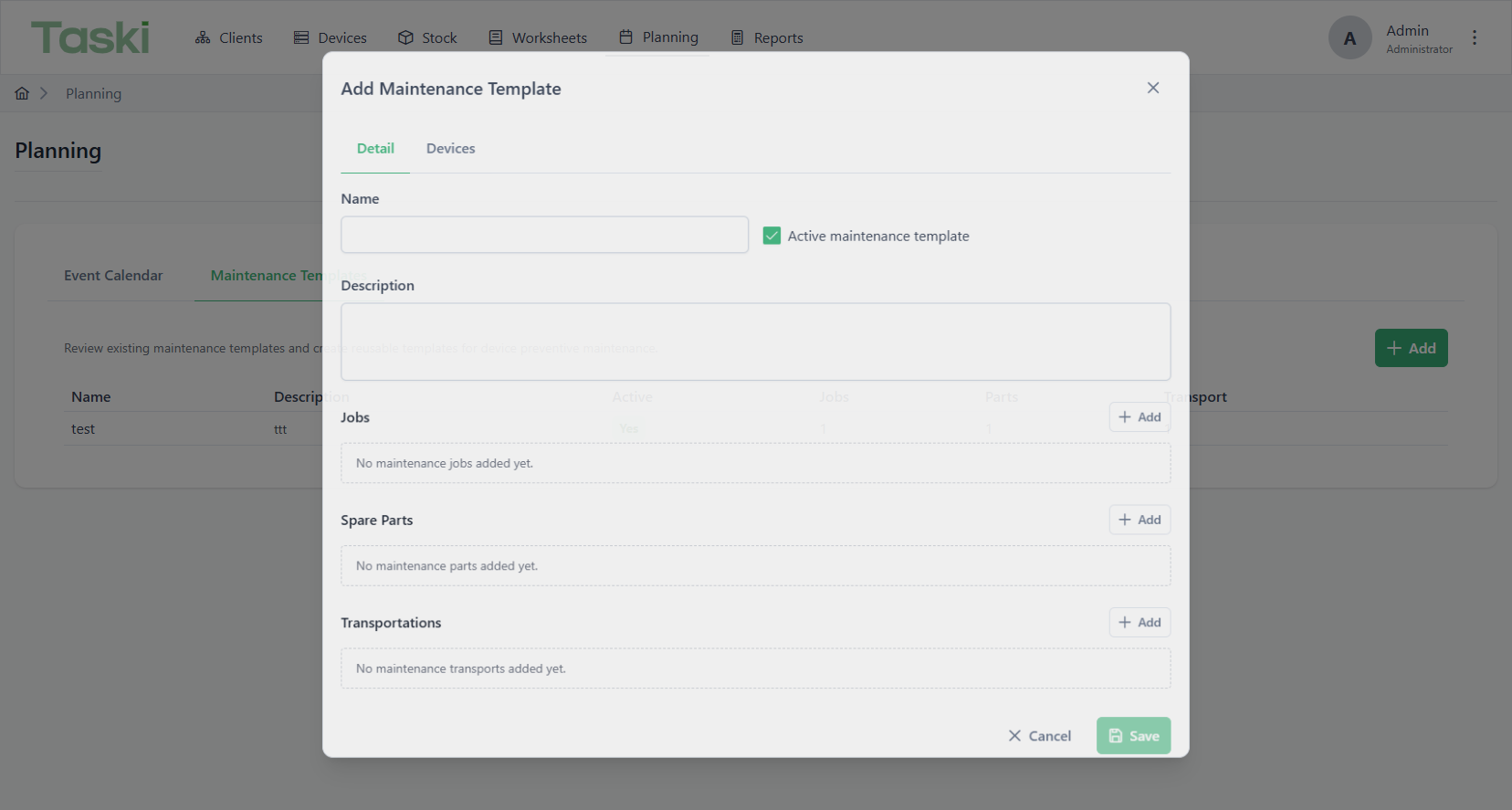 Maintenance template editor
